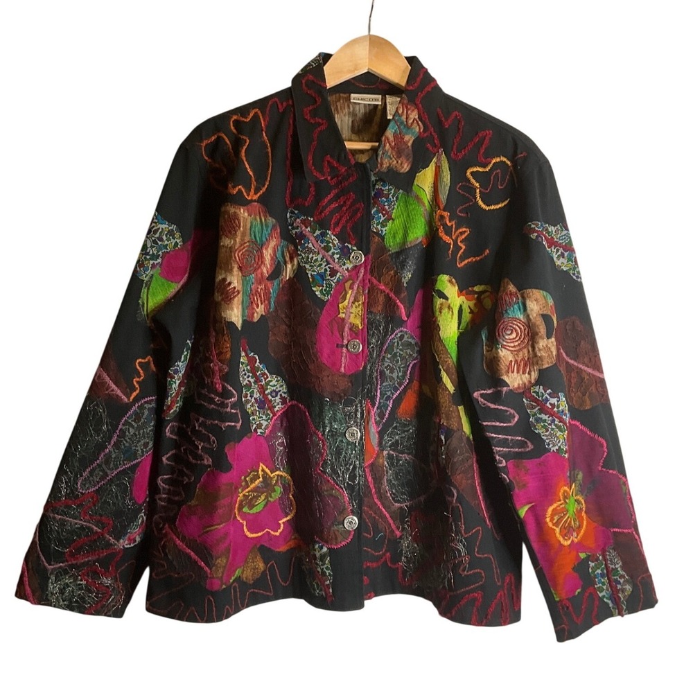 Vintage Chico's Jacket Blazer Wearable Art Mixed Media Silk Embroidered 3/XL/16